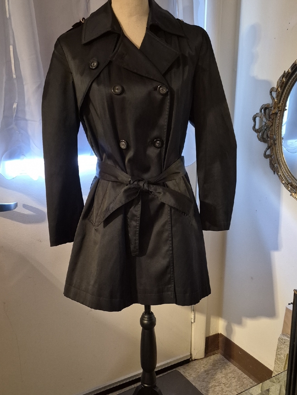 DKNY Black Double-Breasted Trench Coat with Waist Tie